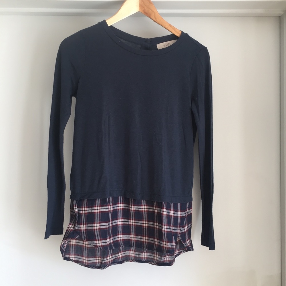 Loft plaid mixed media long sleeve top